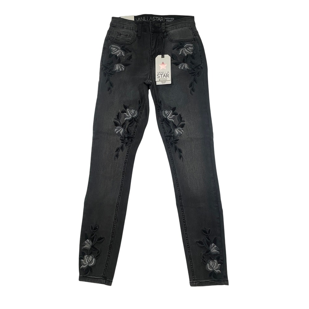 Vanilla Star Women's High Rise‎ Skinny Jeans Gray Wash Floral Embroidered